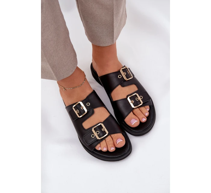 Kožené Ploché Pantofle S Přezkami Zazoo 3020 Černé