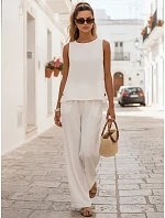 Dámský lněný komplet s kalhotami Polský výrobek ecru FashionStreet AY1175 Dámský lněný komplet s kalhotami Polský výrobek ecru FashionStreet AY1175