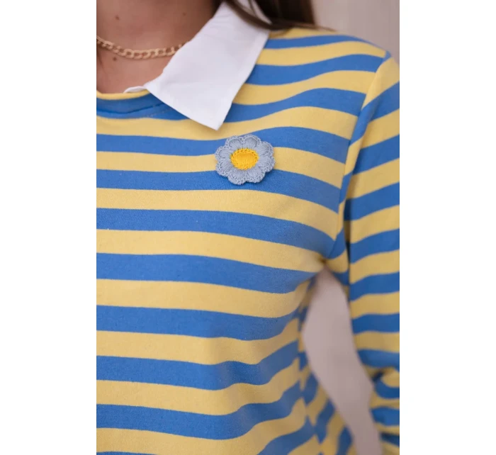 Pruhovaná bavlněná halenka s límečkem džínovina+žlutá