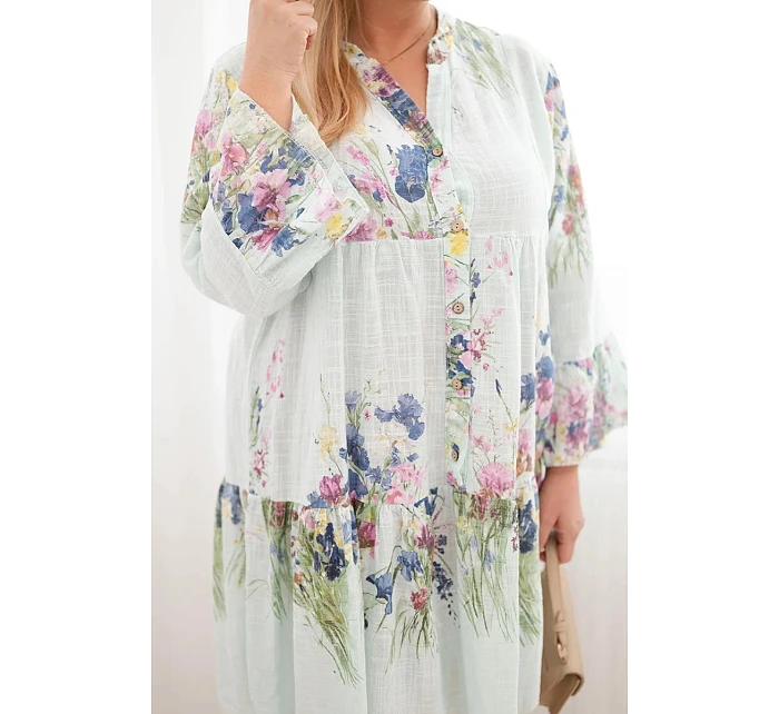 Dámské bavlněné šaty Plus Size s výstřihem do V a knoflíky, květinový vzor mátové
