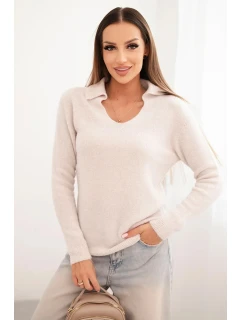 Svetr dámský z baby model 21439240 s límcem a výstřihem do V béžový - K-Fashion