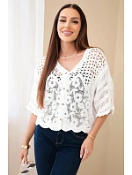 Dámský bavlněný prolamovaný svetr zapínaný na knoflíky s krátkým rukávem bílý