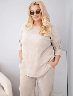 Dámský plus size komplet z viskózy manšestrový se širokými kalhotami a mikinou béžový