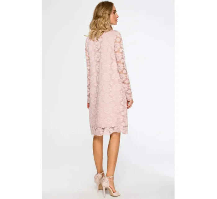 M406 krajkové šaty do áčka s dlouhými rukávy - růžové M406 krajkové šaty do áčka s dlouhými rukávy - růžové