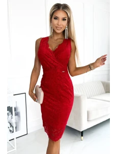 383-5 Krajkové MIDI šaty s obálkovým výstřihem - ČERVENÉ