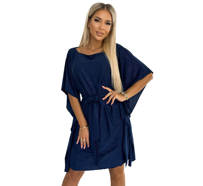 SOFIA - Tmavě modré dámské motýlkové šaty s brokátem a se zavazováním v pase 287-25