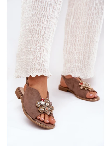 Dámské Sandály Na Plochém Podpatku S Ozdobou model 21691581 Tmavě Béžové - S.Barski