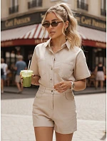 Dámská krátká džínová kombinéza s gumou v pase, béžová, FashionStreet EY2689 Dámská krátká džínová kombinéza s gumou v pase, béžová, FashionStreet EY2689