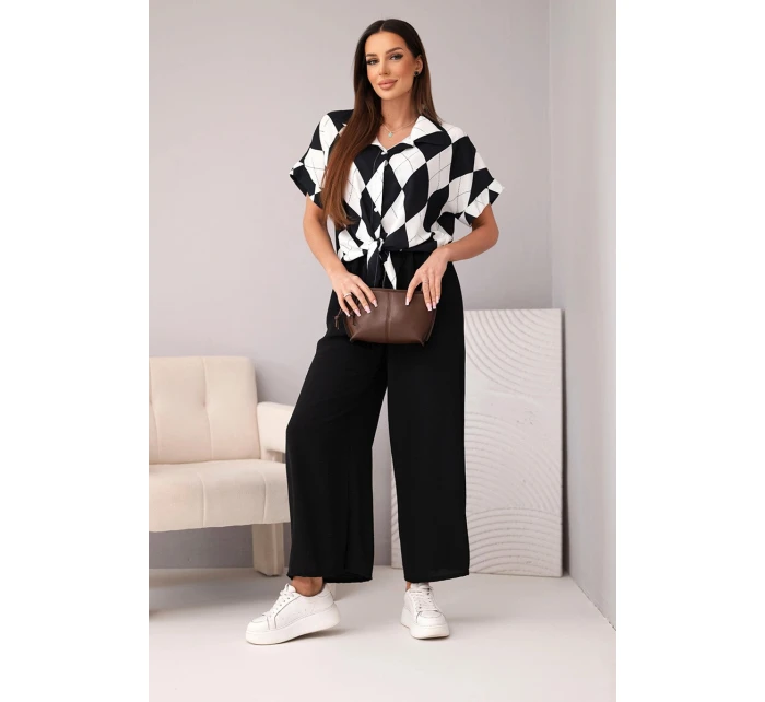 Dámský komplet viskózová košile s vázáním a kalhoty s gumou černý Dámský komplet viskózová košile s vázáním a kalhoty s gumou černý