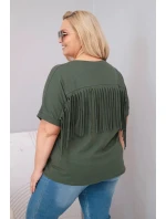 Dámská bavlněná halenka s výstřihem do V a třásněmi na zádech khaki