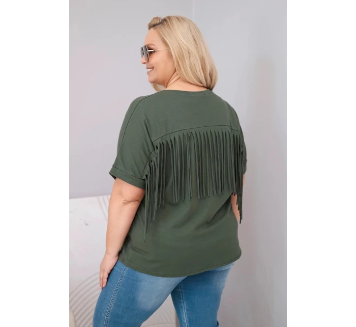 Dámská bavlněná halenka s výstřihem do V a třásněmi na zádech khaki