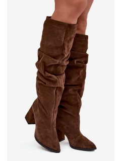 Dámské zateplené kozačky na podpatku s mačkanou holení Zazoo – hnědé, pravý semiš