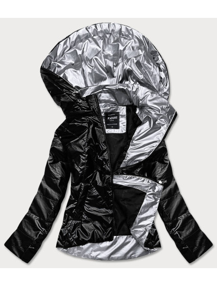 Černá dámská bunda se stříbrnou kapucí (RQW-7008)