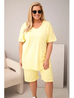 Dámský bavlněný komplet Plus Size s halenkou a šortkami žlutý