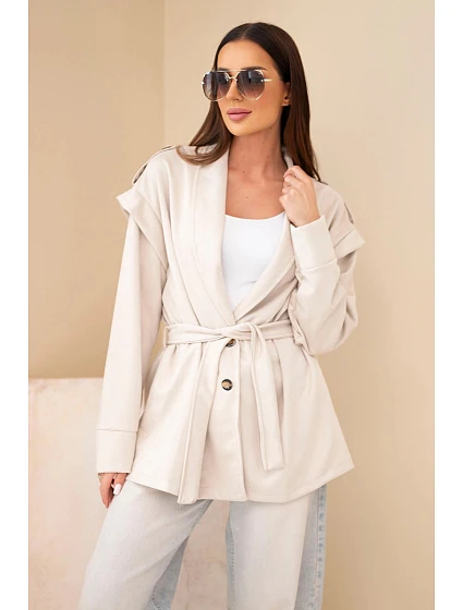 Dámský kabát viskózový s páskem a nášivkami model 22294738 - K-Fashion