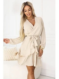 671-1 Smyslné mini šaty s obálkovým výstřihem - béžové