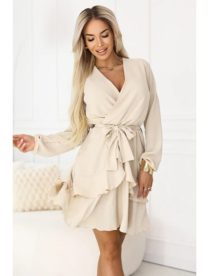 671-1 Smyslné mini šaty s obálkovým výstřihem - béžové 671-1 Smyslné mini šaty s obálkovým výstřihem - béžové