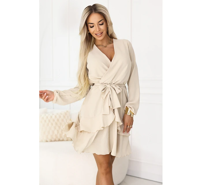 671-1 Smyslné mini šaty s obálkovým výstřihem - béžové 671-1 Smyslné mini šaty s obálkovým výstřihem - béžové