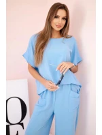 Komplet z viskózy halenka + kalhoty modrý