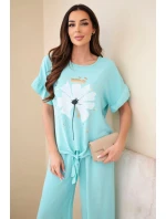 Dámský viskózový komplet s halenkou s potiskem a kalhotami mátový