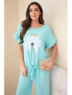 Dámský viskózový komplet s halenkou s potiskem a kalhotami mátový