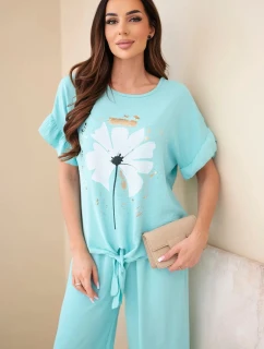 Dámský viskózový komplet s halenkou s potiskem a kalhotami mátový