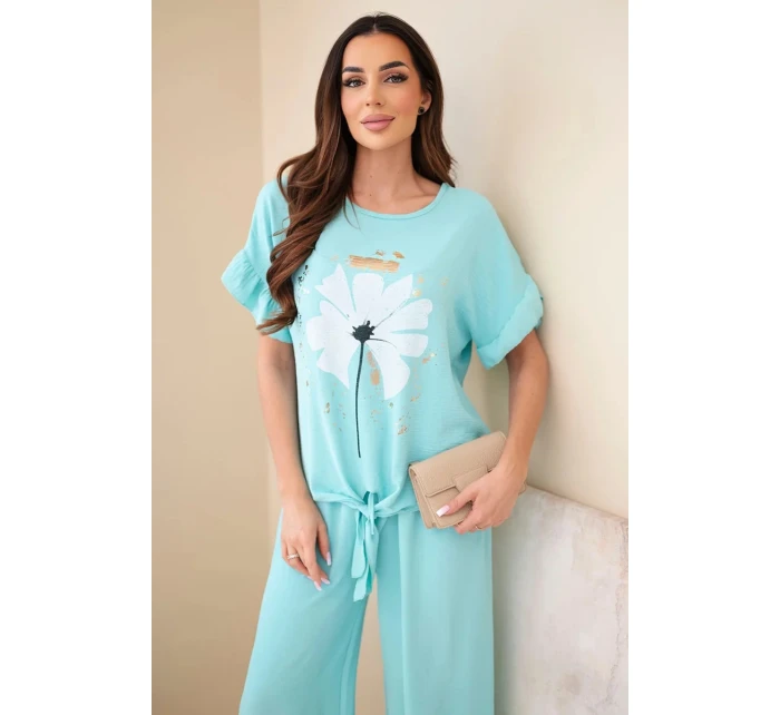 Dámský viskózový komplet s halenkou s potiskem a kalhotami mátový