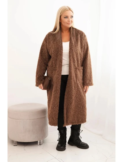 Dámský kabát Plus Size z viskózy bez zapínání s kapsami hnědý