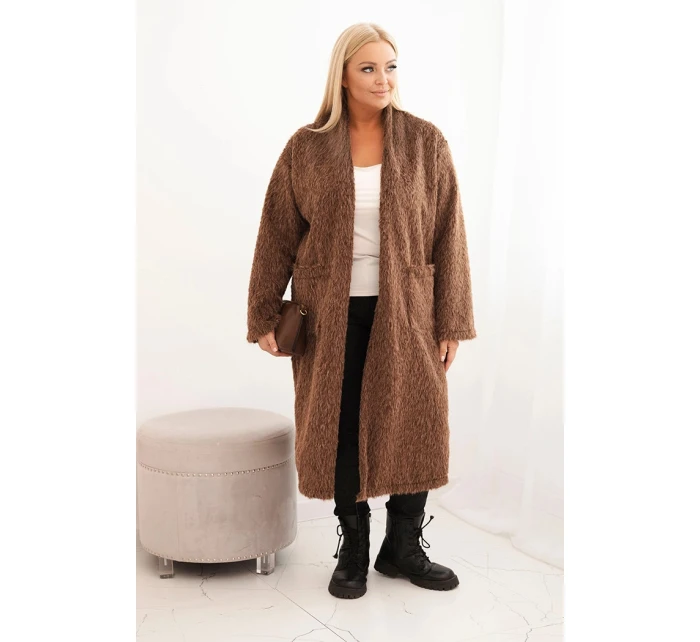 Dámský kabát Plus Size z viskózy bez zapínání s kapsami hnědý Dámský kabát Plus Size z viskózy bez zapínání s kapsami hnědý