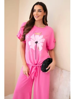 Dámský viskózový komplet s halenkou s potiskem a kalhotami světle růžový