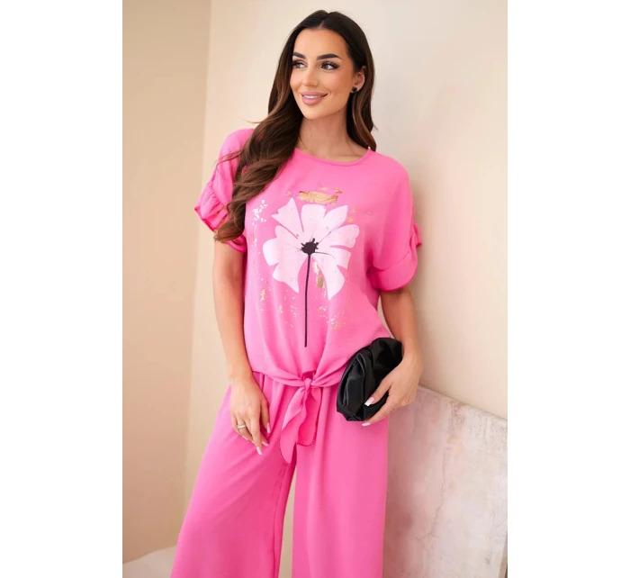 Dámský viskózový komplet s halenkou s potiskem a kalhotami světle růžový