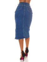 Sexy džínová midi sukně s vysokým pasem a rozparkem