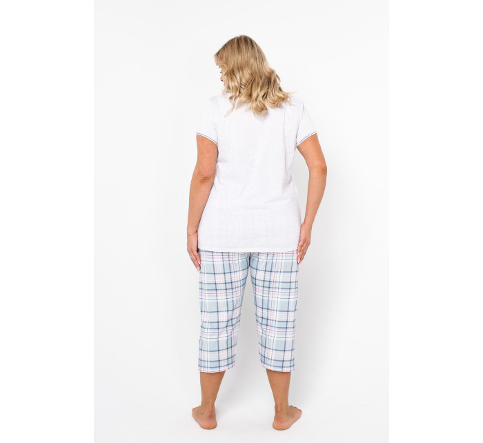Glamour dámské pyžamo s krátkým rukávem, 3/4 kalhoty - světlá melanž/potisk