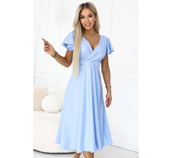 675-1 Midi šaty Blinky s obálkovým výstřihem a brokátovými třpytkami - modré