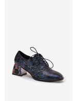 Kožené lakované dámské lodičky na podpatku s krystaly model 21710419 tmavě modré - Artiker