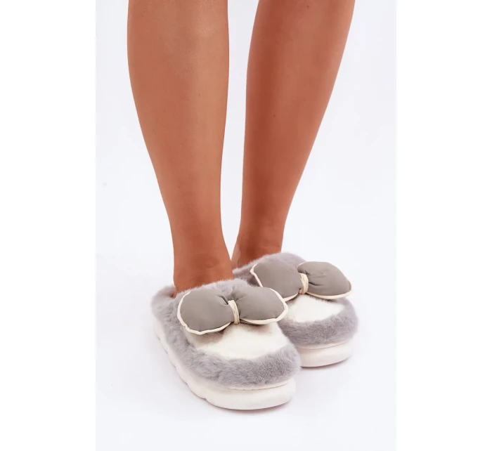 Futrzane Pantofle S Mašlí Šedé Grilis