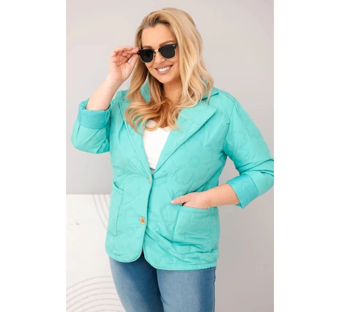 Dámská bunda Plus Size prošívaná s květinami s límcem a kapsami mátová