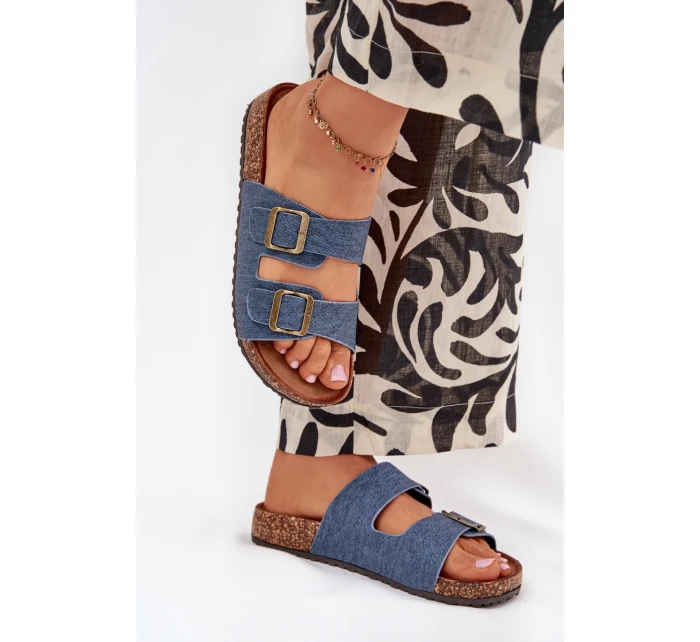 Dámské pantofle na korkové platformě s přezkami – tmavý denim