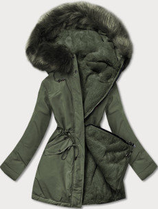 Teplá dámská zimní bunda v khaki barvě s kožešinovou podšívkou (W610BIG)