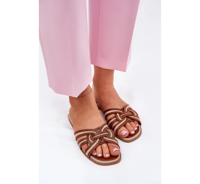 Dámské Ploché Pantofle S Propletenými Pásky Hnědé Acimine Dámské Ploché Pantofle S Propletenými Pásky Hnědé Acimine