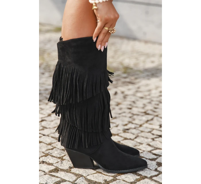 Dámské zateplené kovbojky s třásněmi Brivina – černé Dámské zateplené kovbojky s třásněmi Brivina – černé