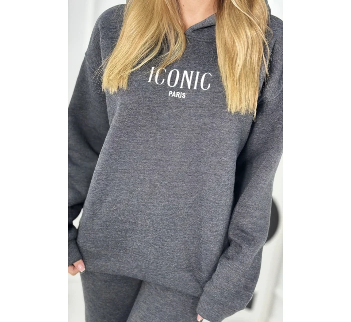 Izolovaná bavlněná souprava, mikina s vyšívacími + kalhotami Grafit