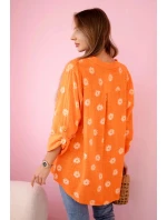 Lněná dámská halenka s květinovým vzorem, dlouhými rukávy a knoflíky Oranžová Lněná dámská halenka s květinovým vzorem, dlouhými rukávy a knoflíky Oranžová