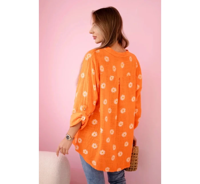 Lněná dámská halenka s květinovým vzorem, dlouhými rukávy a knoflíky Oranžová Lněná dámská halenka s květinovým vzorem, dlouhými rukávy a knoflíky Oranžová