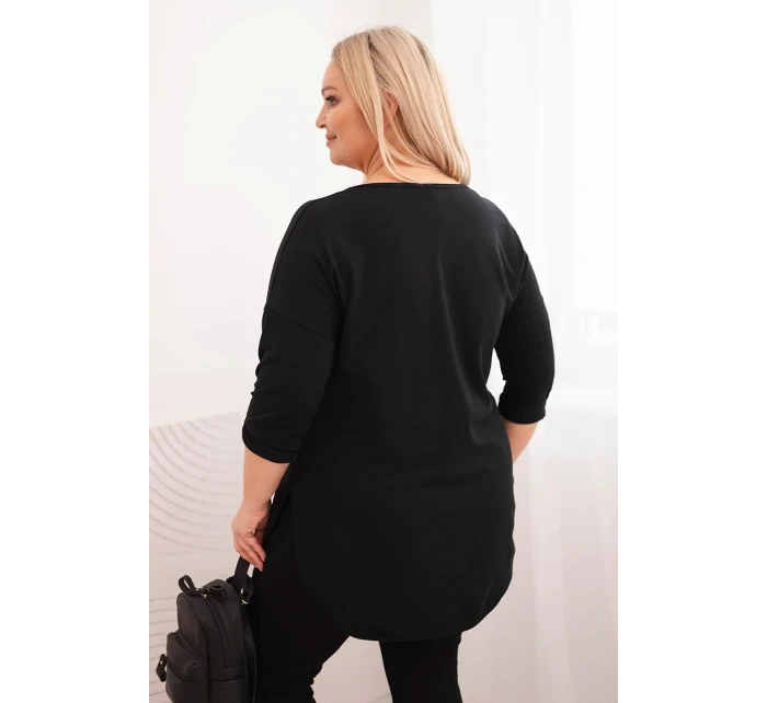 Dámská bavlněná blůza Plus Size s výstřihem do V a ohrnutým rukávem černá