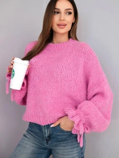 Dámský svetr s přídavkem mohéru s hrubým pletením a ozdobnými rukávy růžový