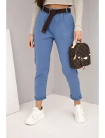 Dámské bavlněné kalhoty s páskem a ohrnutými nohavicemi jeansové