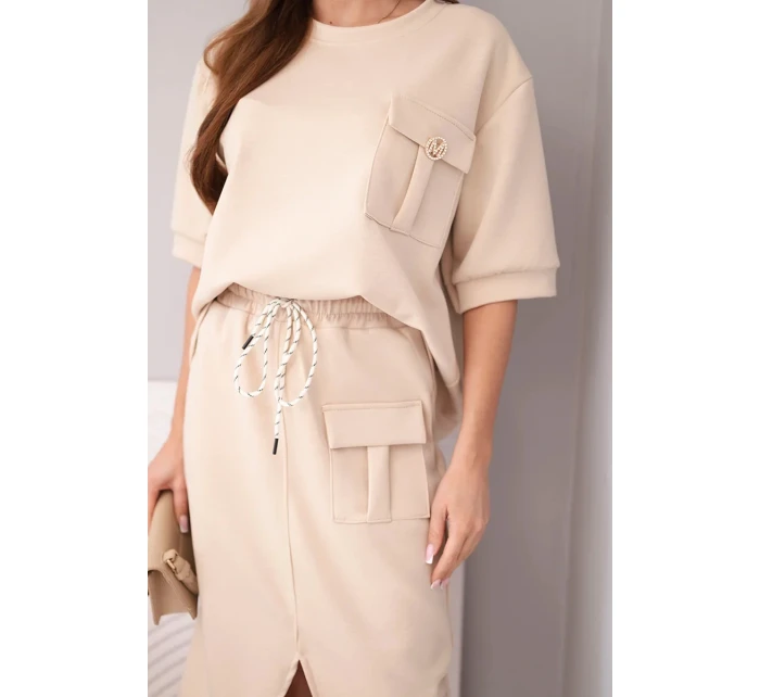 Dámský máslový komplet s halenkou a midi sukní béžový