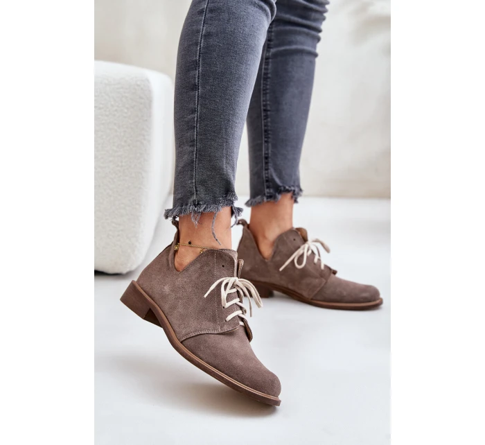 Semišové Polobotky Šněrovací Na Plochém Podpatku Tmavě Béžové model 21670931 - Zazoo