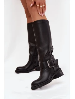 Zateplené dámské kozačky na klocku s přezkou Černé Raphaela